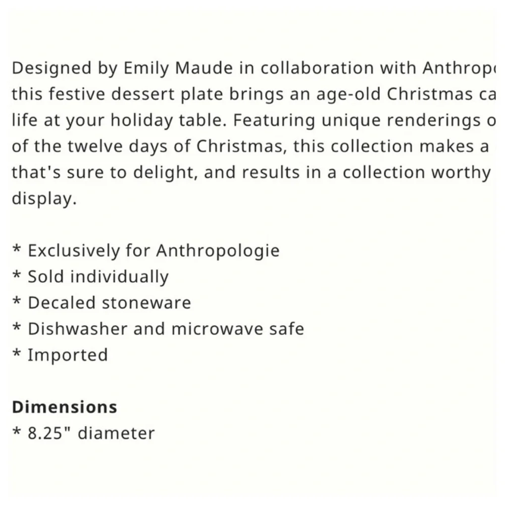NIB Anthropologie Emily Maude 12 Days of Christmas 3 French Hens Dessert Plate